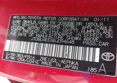 2011 Toyota Corolla Le from USA, damaged, VIN JTDBU4EE6BJ094648